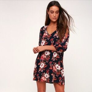 NWT Lulus Shifting Dears Navy Blue Floral Print Dress Spring‎ Comfort Cute Girly